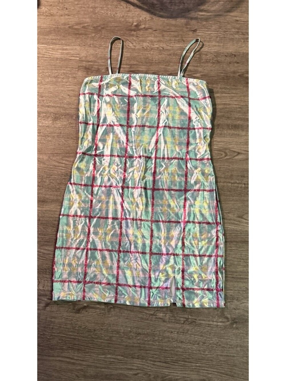 IT's Women's Teal/Pink Plaid Bodycon Mini Dress Thin Adjustable Strap Size XL